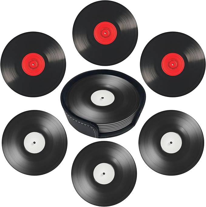 Musical Coasters Leather Round Drink Coasters 6 Pcs Set with Holderor for Cup Drink Coffee Table Bar Home Decor - Record