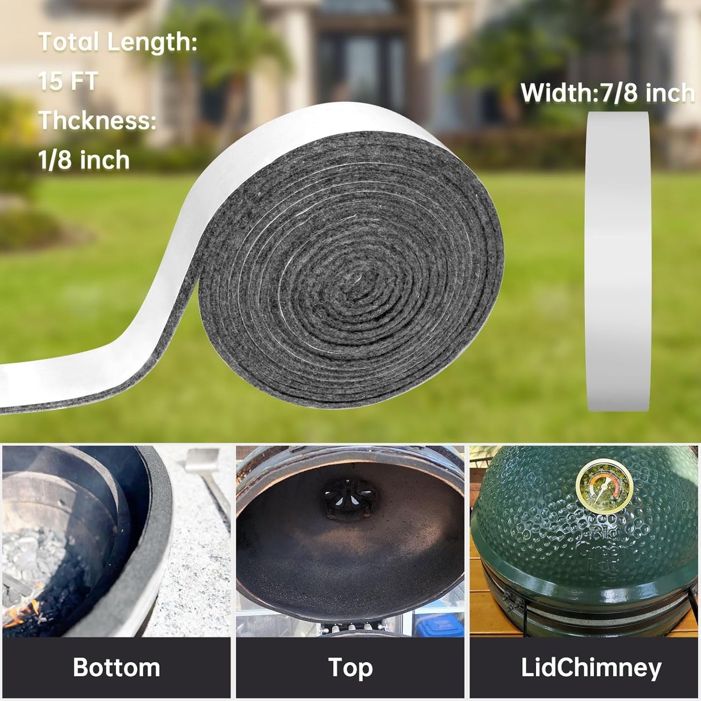 High Temp Grill Gasket Replacement Compatible Fit L/XL Big Green Egg Ceramic Lid Top BBQ Smoker Gasket,Self Stick Felt 15 ft Long, 7/8" Wide, 1/8" Thick