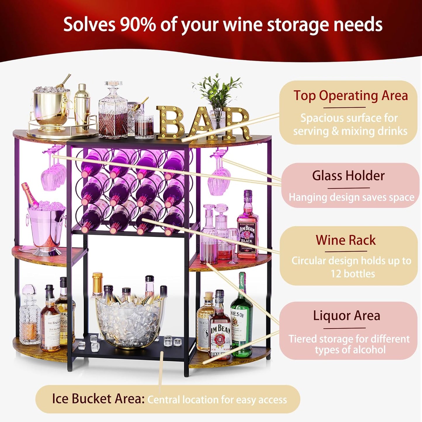 JKsmart Wine Bar Cabinet with LED Lights, Mini Wine Rack with Storage and Glass Holder, Small Home Bar Cart for Liquor, 3-Tier Bar Table for Kitchen, Dining Room, Living Room, Rustic Brown