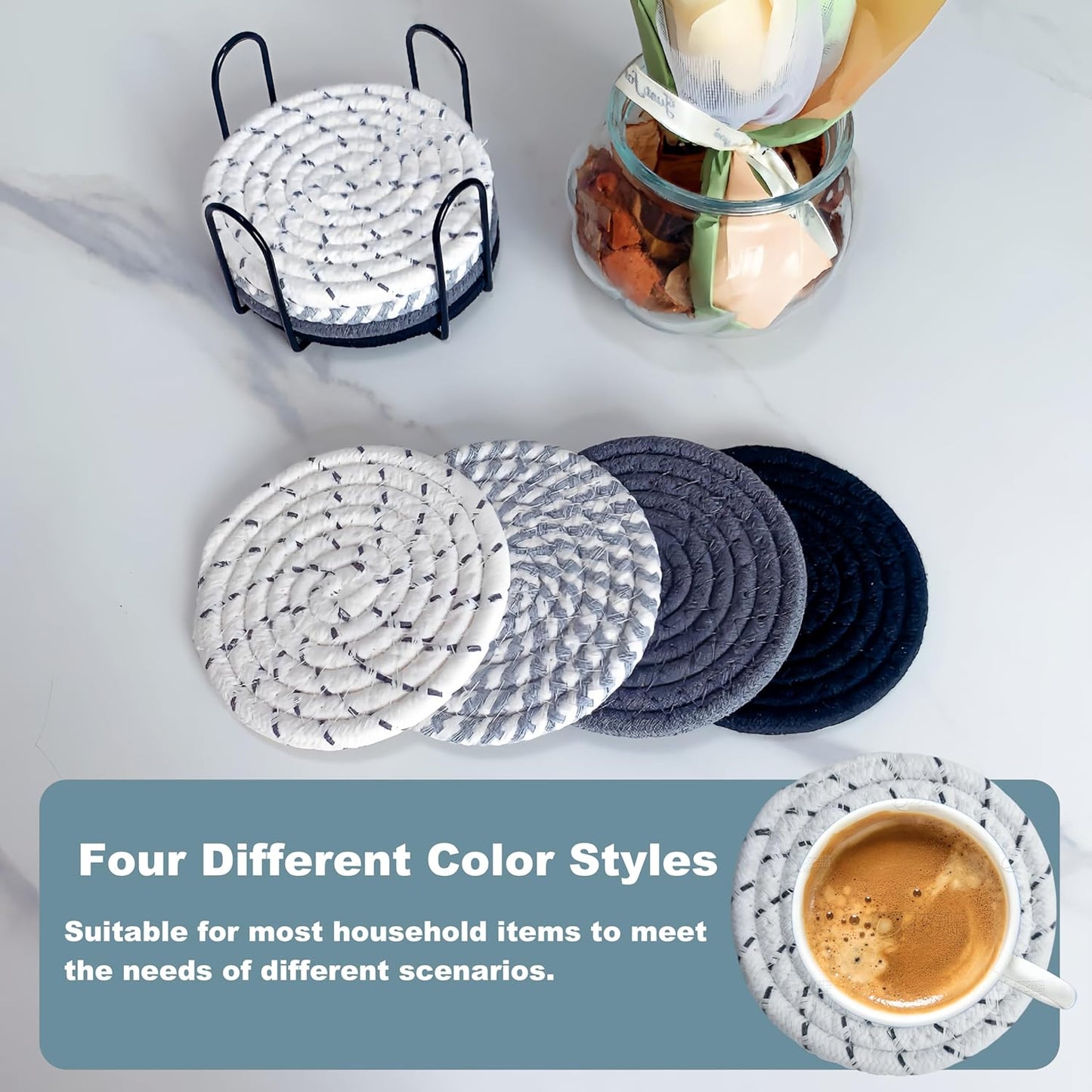 8 Pcs Drink Coasters with Holder, Coasters for Coffee Table, Absorbent Coaster Set for Living Room Decor Tabletop Protection, Coaster Set 4 - Color Cup (Gray Mix)