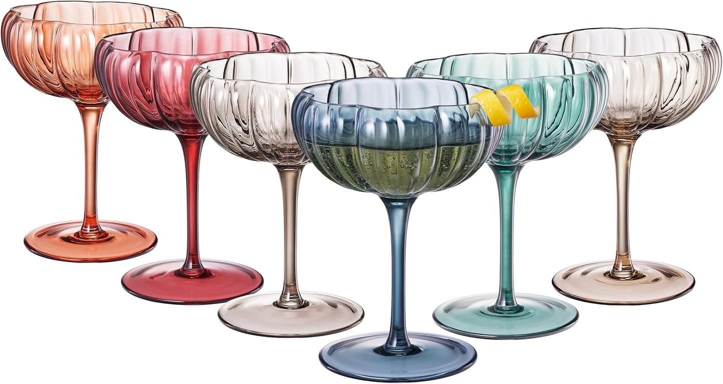Khen Flower Modern Wavy Glass Coupes Martini, Champagne & Cocktail Coupes - Set of 6-7.7 oz Colorful Cocktail Glasses & Champagne, Prosecco, Mimosa Glassware Copyright Design - Muted Pastel Colors