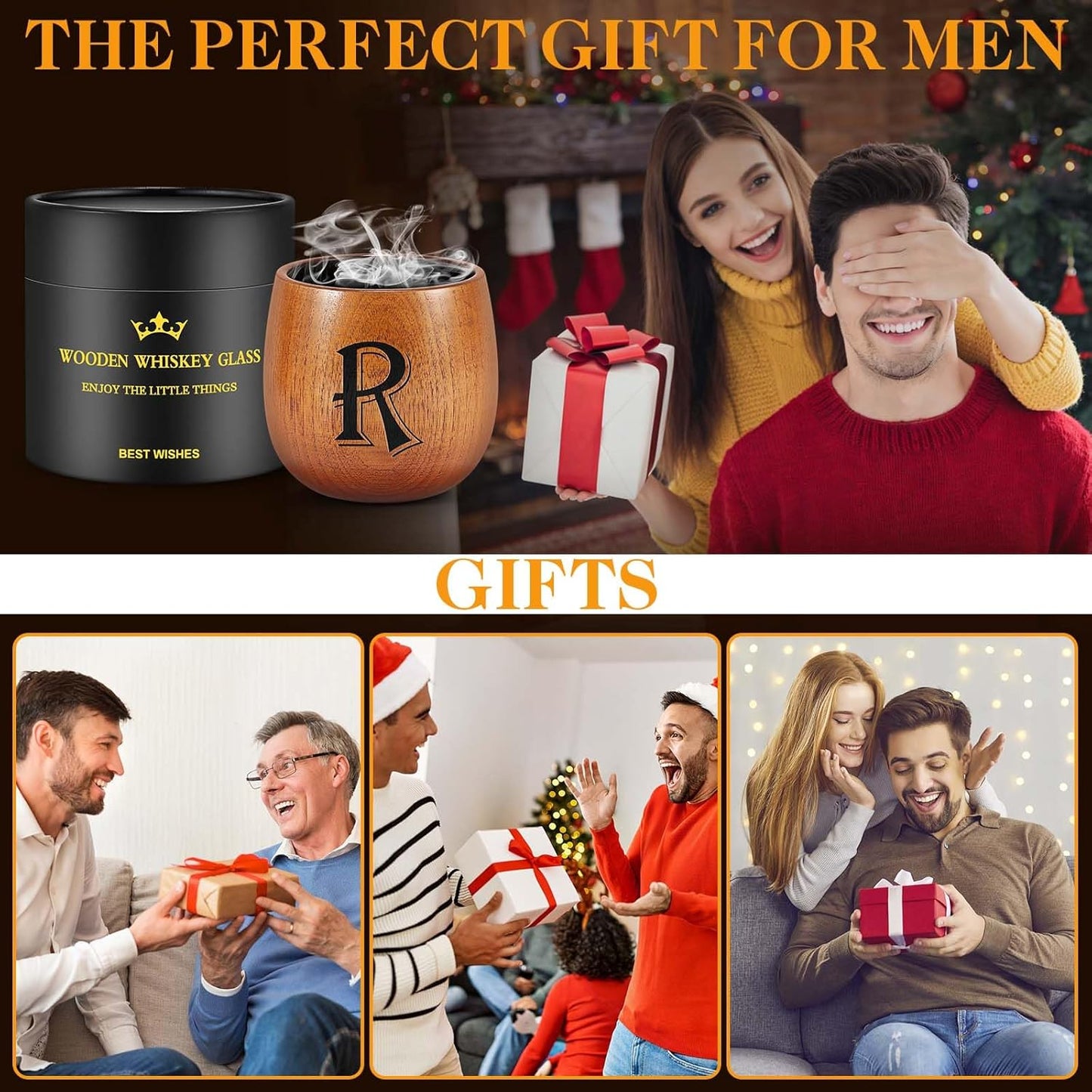 Astonlink Personalized Gifts for Men Husband Dad Boyfriend, Initial Charred Wooden Bourbon Drinking Glass & Whiskey Glasses Gift, Fathers Day Birthday Gifts for Men Dad Husband Brother Him (R)