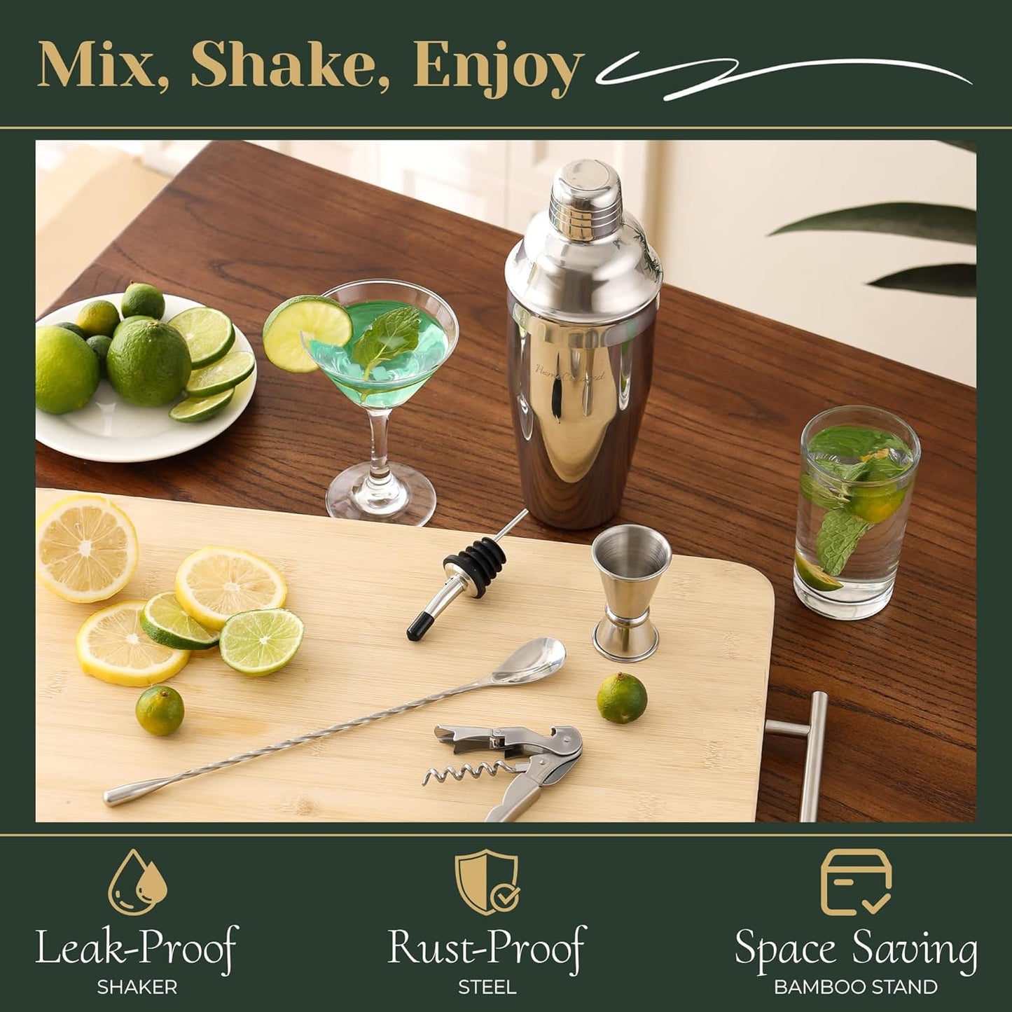 Cocktail Shaker Set,24-Piece Bar Bartender Kit with Stand,Martini Shaker,Jigger,Strainer,Mixer Spoon,Muddler,Liquor Pourers,Tongs,Opener,LCE Ball Mold&LCE Cubes,Bottle Stoppers|Silver