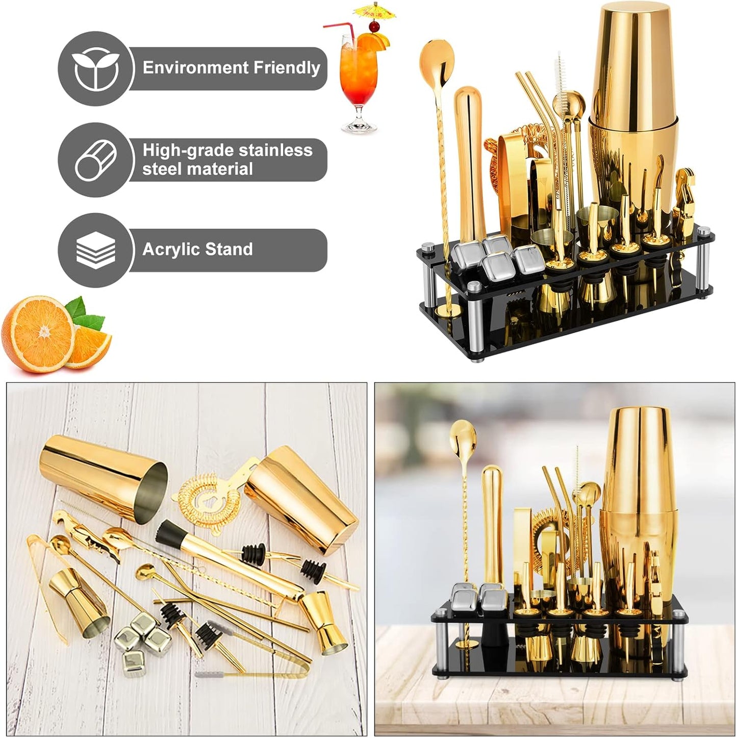 Cocktail Shaker Set, 23-Piece Boston Stainless Steel Bartender Kit with Acrylic Stand & Cocktail Recipes Booklet, Professional Bar Tools for Drink Mixing, Home, Bar, Party - Gold