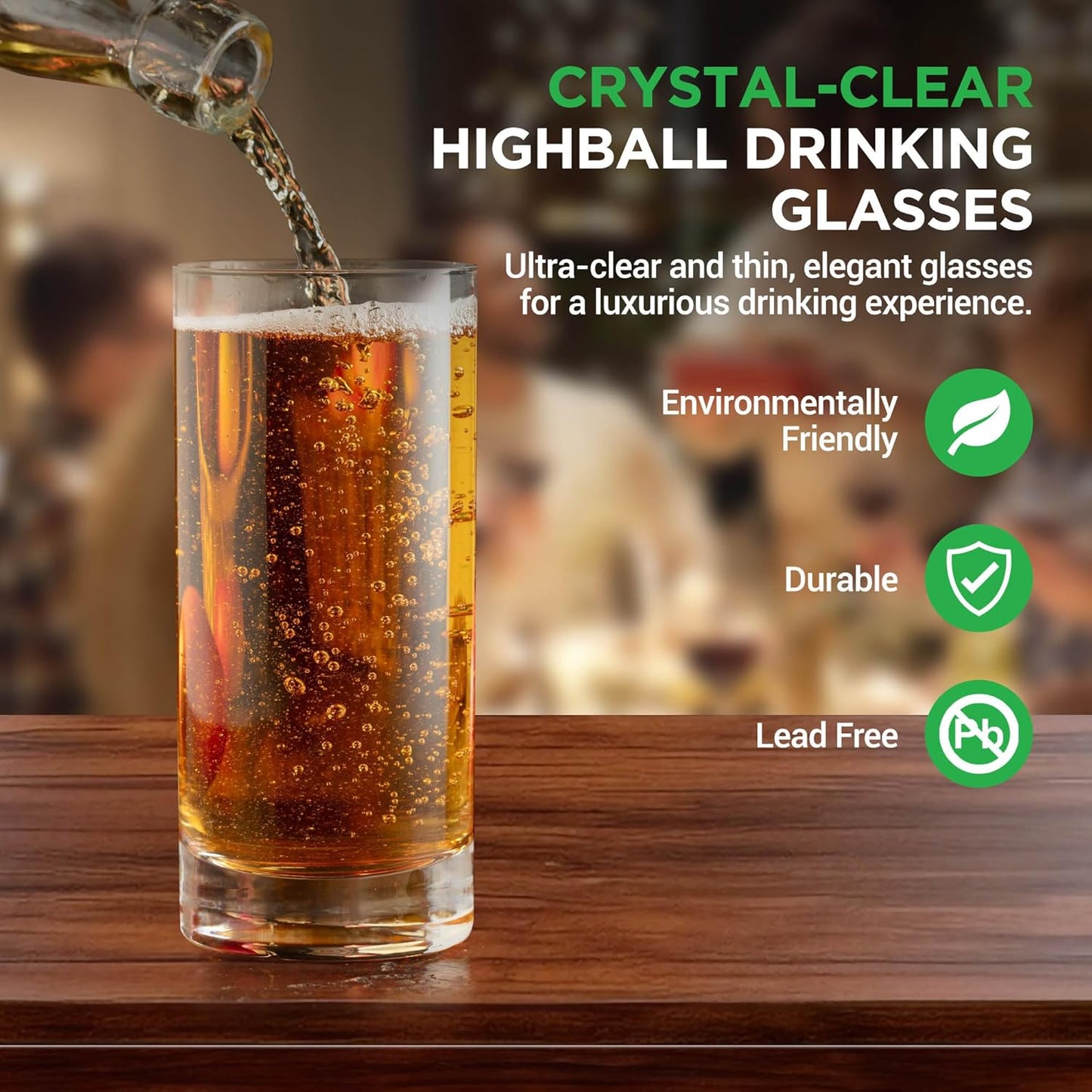 Nutrichef 14.2 oz Highball Drinking Glasses Premium Crystal, Durable & Dishwasher Safe, Elegant Design for Water, Cocktails & Liquor - Set of 2