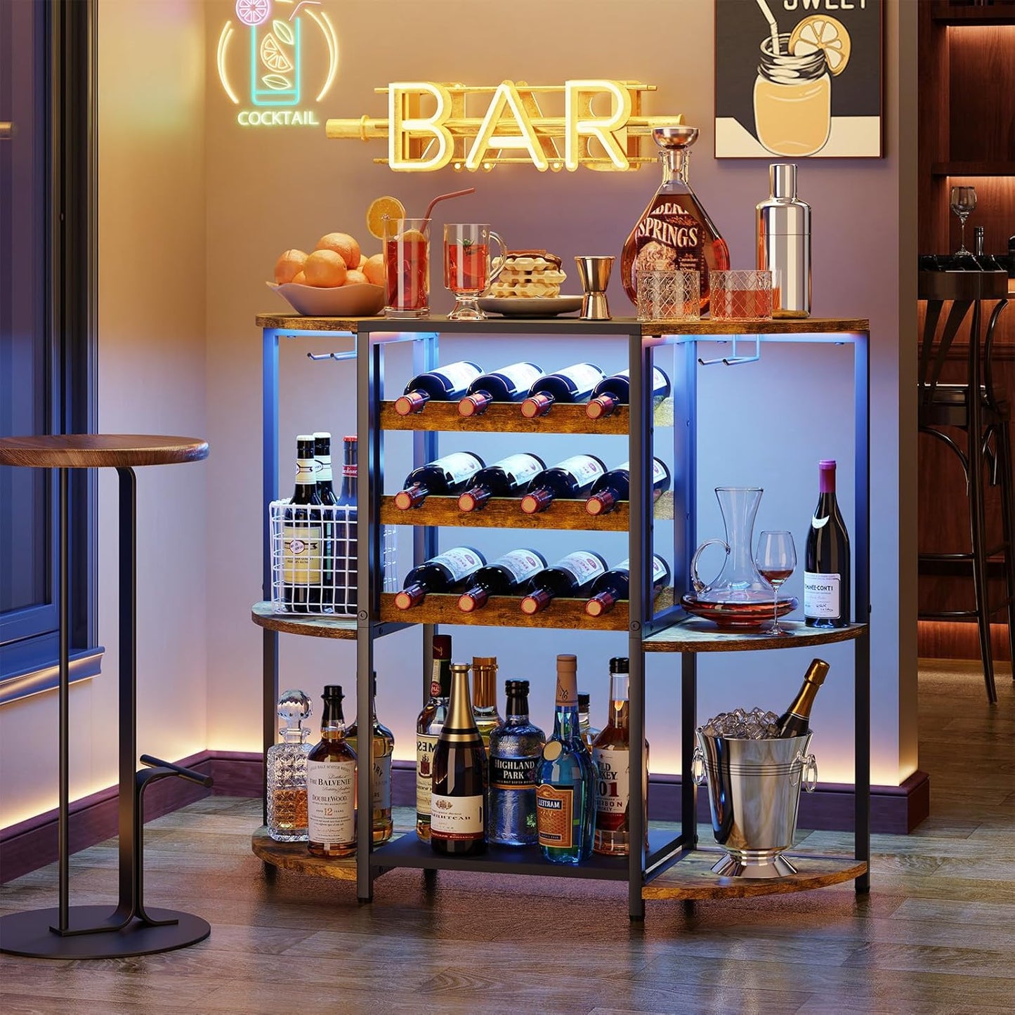 JKsmart Small Wine Bar Cabinet with LED Lights, Mini Wine Rack with Storage and Glass Holder, Home Bar Cart for Liquor, 3-Tier Bar Table for Kitchen, Dining Room, Living Room, Rustic Brown