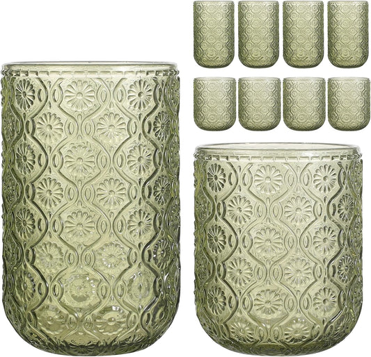 Set of 8 Vintage Embossed Glassware,4 Highball Glasses 14oz & 4 Rocks Drinking Glasses 9oz, Art Deco, for Wine, Water, Cocktail, Juice, Whiskey, Gift (Green)