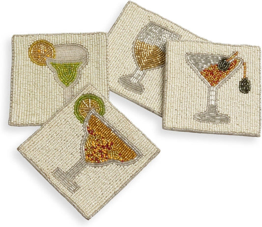 Folkulture Coasters Set of 4 (4")| Beaded Cocktail Handmade Square Drink Coasters for Coffee Table & Bar | Boho Home & Party Décor | Hand-Crafted Cute Coasters for Housewarming Gifts