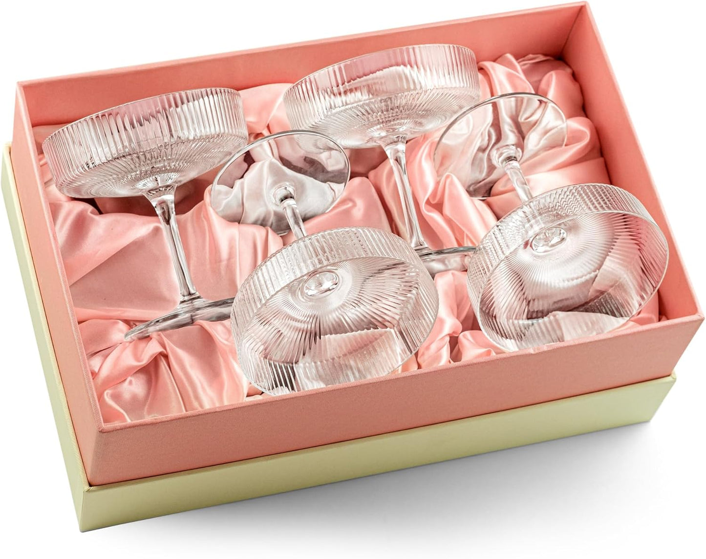 Vintage Art Deco Coupe Glasses | Set of 4 | 7 oz Classic Cocktail Glassware for Champagne, Martini, Manhattan, Cosmopolitan, Sidecar | Crystal Speakeasy Style Saucer Goblets with Stems