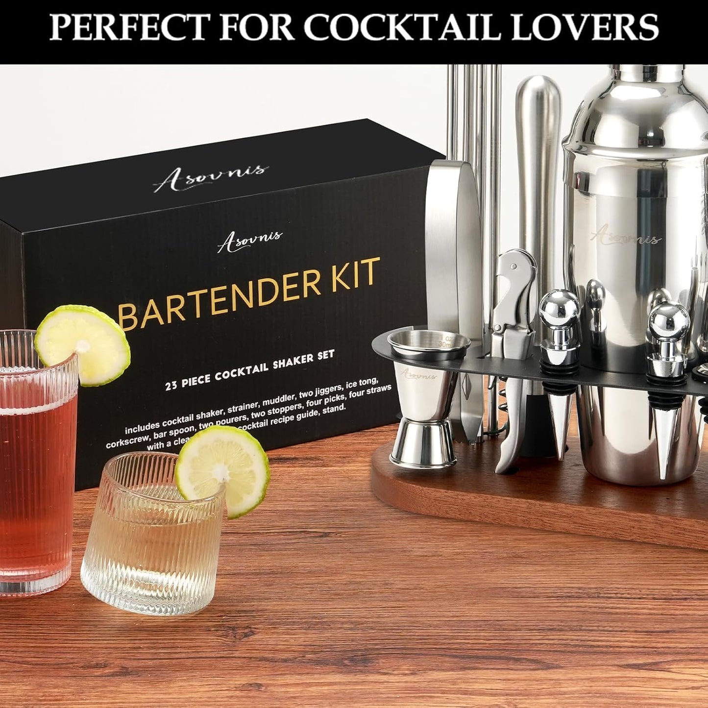 23-Piece Bartender Kit, Cocktail Shaker Set with Stand | Bar Set Drink Mixer Set with All Essential Bar Tools: Martini Shaker,Bar Mixer Spoon, Jigger, Strainer, Muddler, Pourers, for Home, Bar, Party