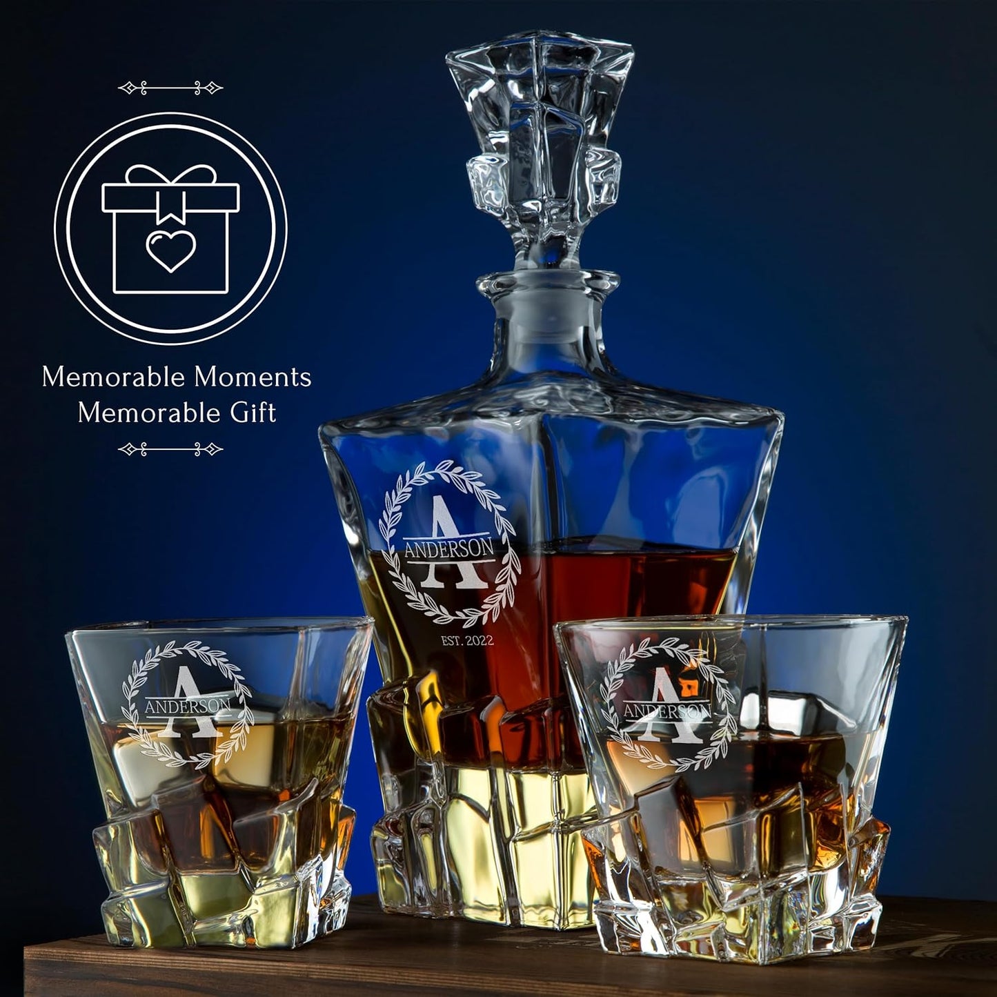 Personalized Whiskey Decanter and Stones Set - Customized Gift for Men, Dad, Father - Engraved Rocks Whiskey Decanter, 2 XL Glasses, 8 Whisky Cubes, 2 Coasters, Tongs, Pouch in Wooden Gift Box