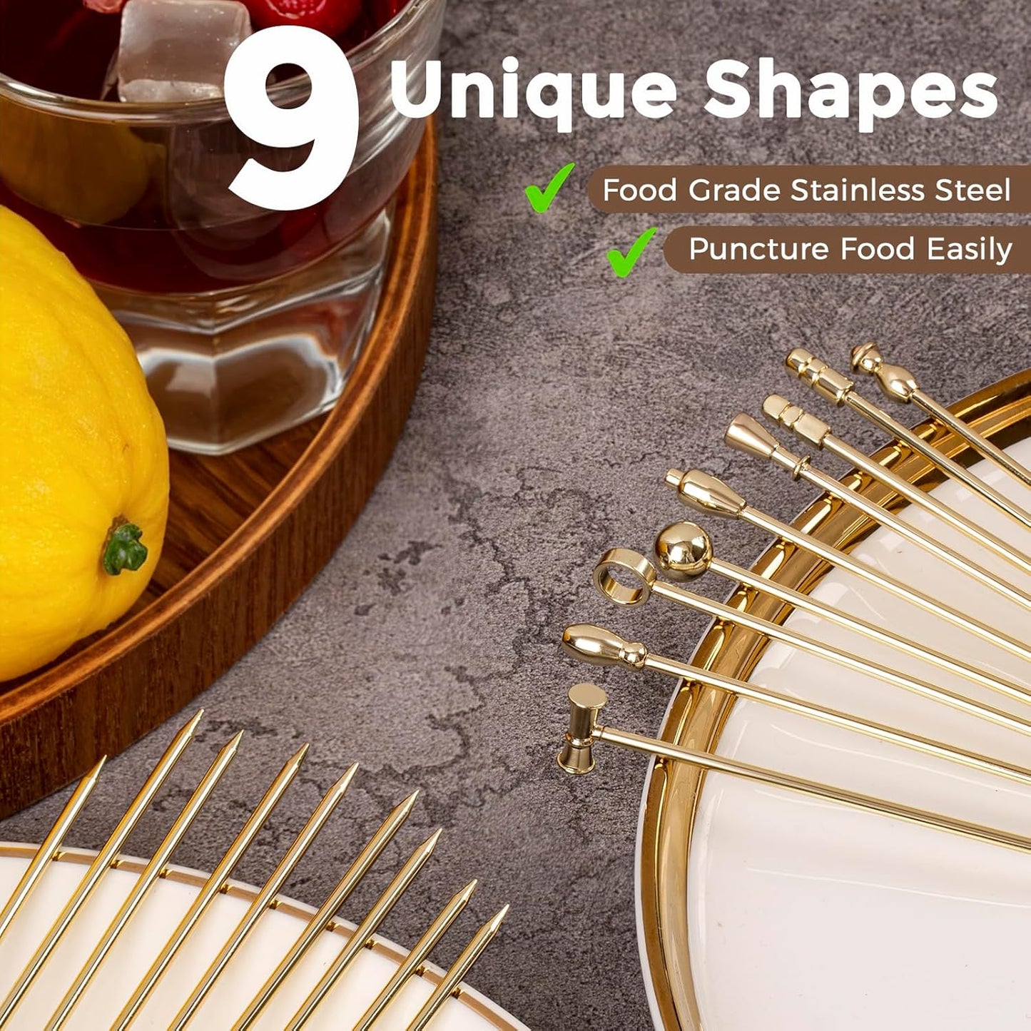 Metal Cocktail Martini Picks Gold, 4.1 in Olive Skewers Stainless Steel, Martini Garnish Sticks Reusable, Metal Toothpicks for Drinks, Appetizers, Cheese, Gift for Mother Bar Accessories - 9 Pcs