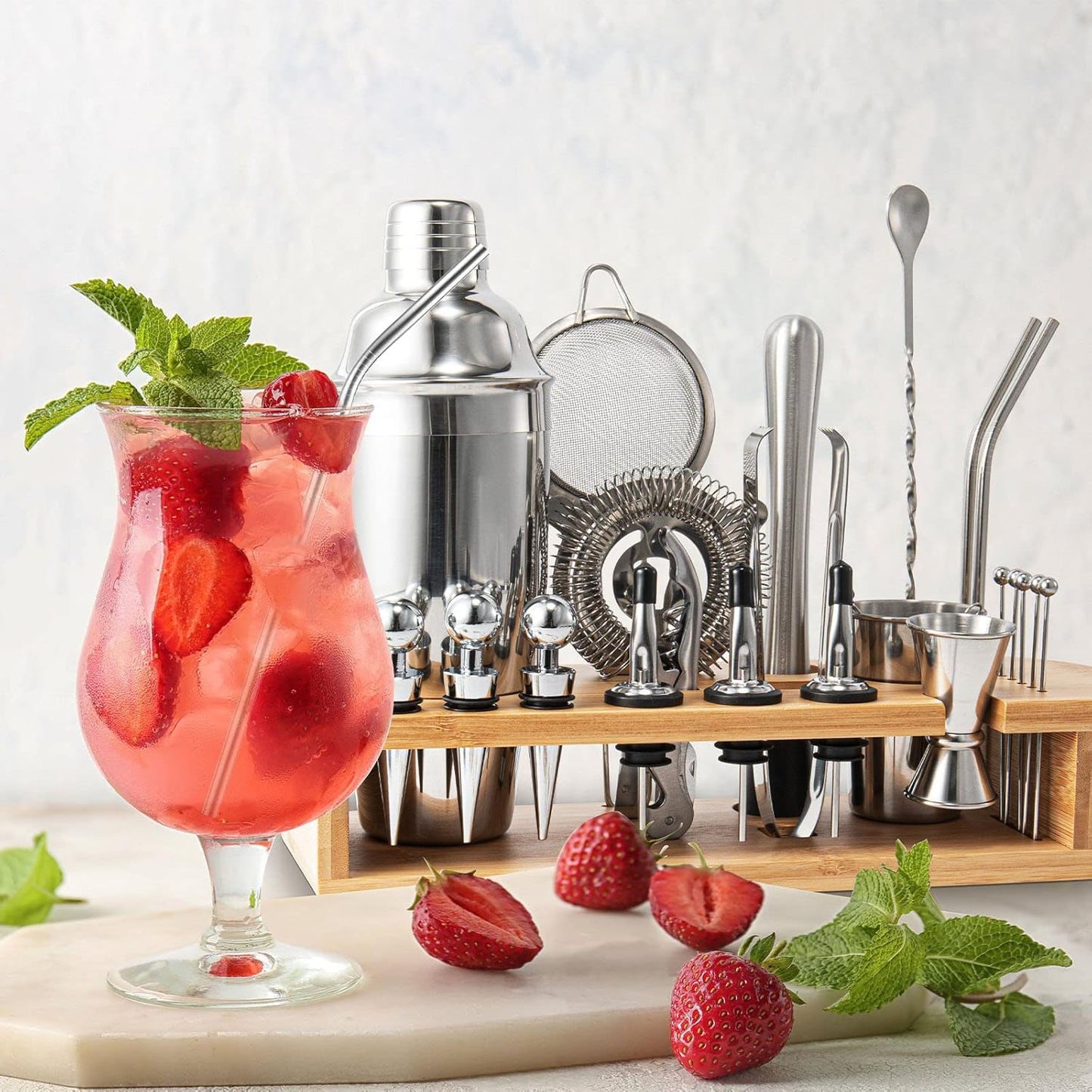 Semderm Cocktail Shaker Set, 26-Piece Premium Mixology Bartender Kit - 18/8 Stainless Steel Bar Set with Bamboo Stand - Includes Mixing Tin, Hawthorne & Mesh Strainer - Professional Gift for Men