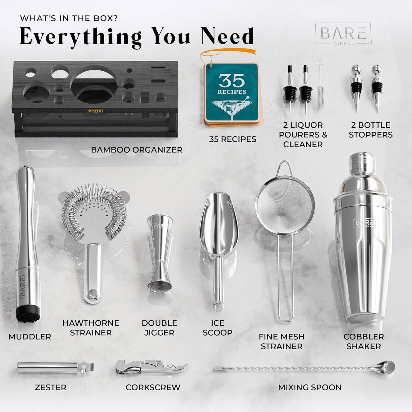 BARE BARREL® Mixology Bartender Kit Bar Set | 16-Piece Cocktail Shaker Set | Martini Barware Mixing Tools for Home Bartending | Incl. 35 Recipe Cards | Gift Set (24oz Cobbler Shaker, Silver/Black)