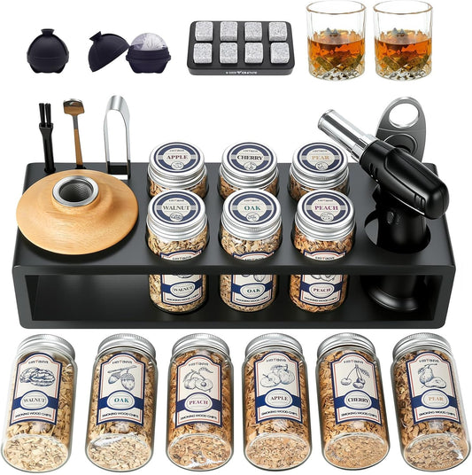 HMYBAR®26pcs Whiskey Smoker Kit with Torch | Cocktail Smoker Infuser Kit | Old Fashioned Drink Smoker Kit | Bourbon Whiskey Gift. Great Gift for Dad, Husband. Bamb Stand Black Color. (No Butane)