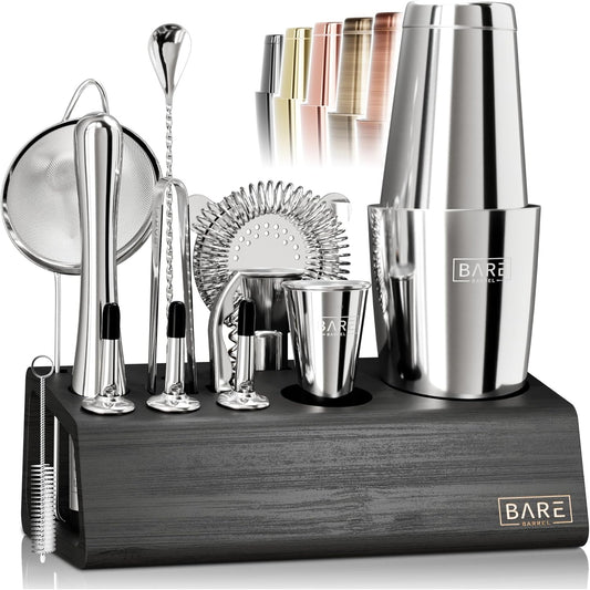 BARE BARREL® Mixology Bartender Kit Bar Set | 14-Piece Cocktail Shaker Set | Martini Barware Mixing Tools for Home Bartending | Incl. 35 Recipe Cards | Gift Set (28oz Boston Shaker, Silver/Black) - Silver/Black