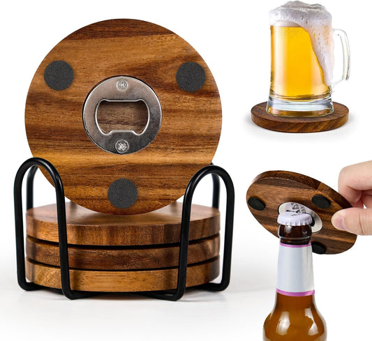 2-in-1 Wood Coasters with Bottle Opener, Set of 4 with Holder– Funny Acacia Wood Drink Coasters with Stainless Steel Openers & Non-Slip Feet – Durable and Functional for Beer or Soda Drinking