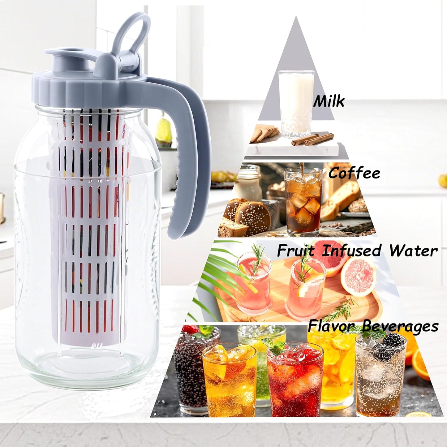 Mason Jar Pitcher With Fruit Infuser 2 Quart Water Pitcher With Pour Spout Lid 2 Pack Half gallon Wide Mouth Glass Carafe For Milk, Fruit Infused Water, Iced Tea, Lemonade, Cocktail, Cold Brew Coffee