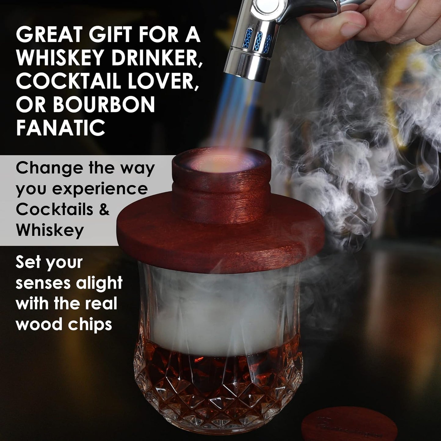 SMOKEOLOGIST Whiskey, Cocktail, and Old Fashioned Smoker Kit with Torch – includes 8 Unique Natural Wood Flavors, Luxury Wooden Box Gift Packaging, Premium Butane Torch (butane fuel not included)