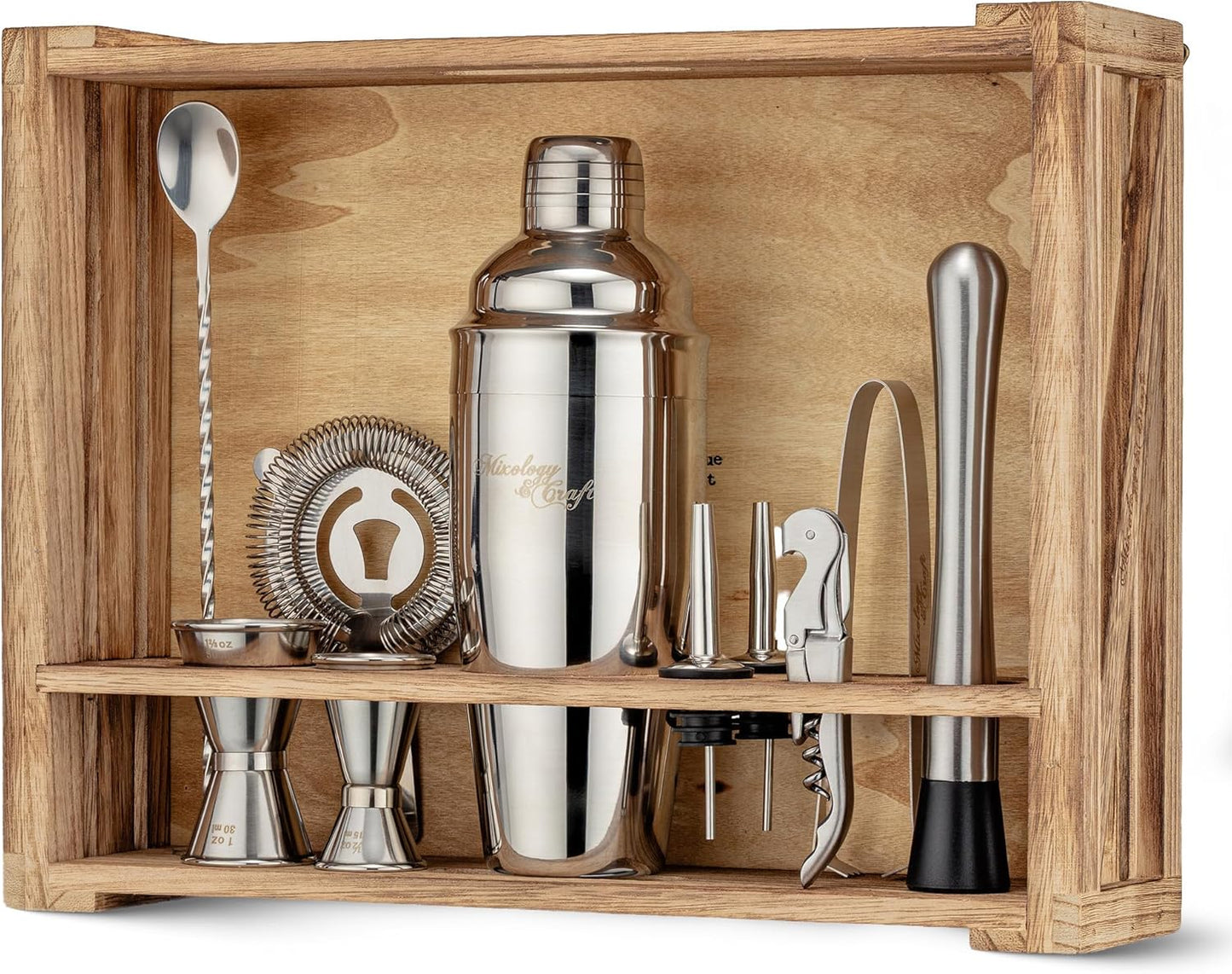Mixology & Craft Rustic Cocktail Shaker Set – Includes Wood Stand, Complete Barware Kit with 24 Oz Shaker, Dual Jiggers, Pourers, Muddler, Strainer – Perfect for Home Bartenders (Silver)