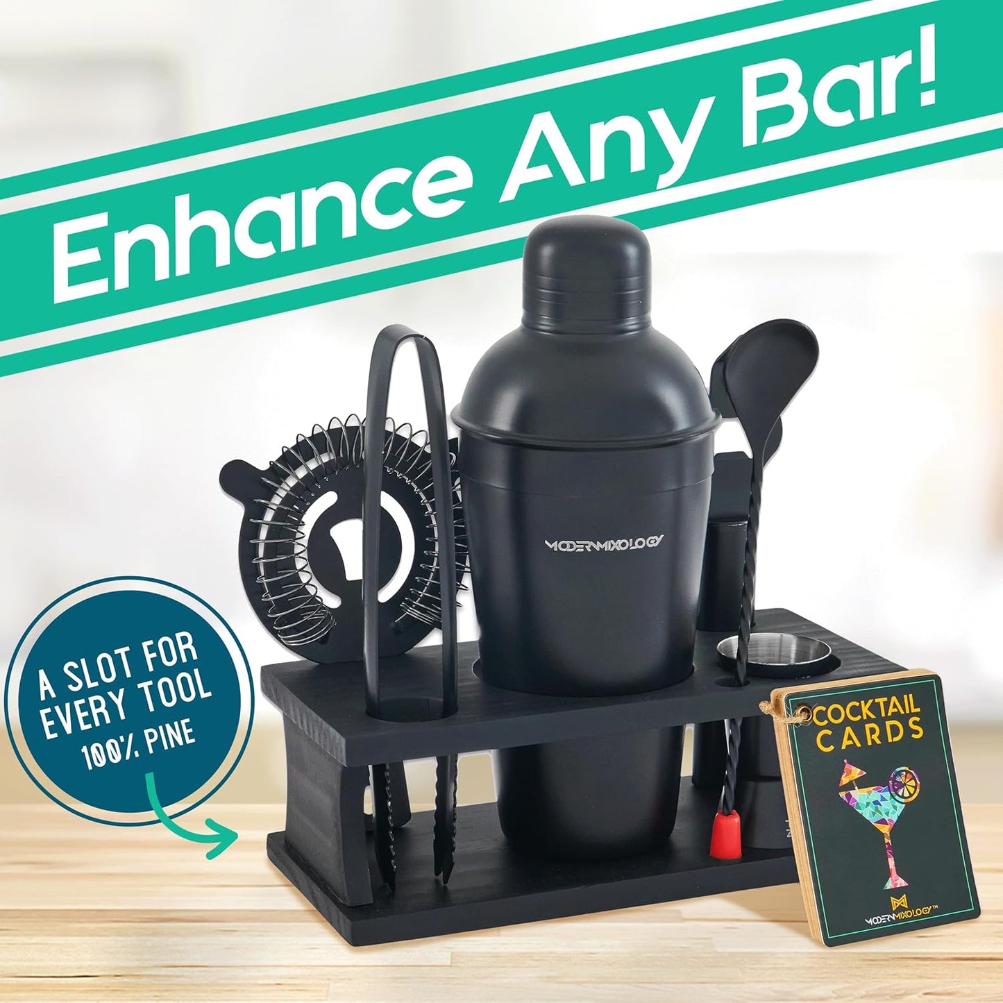 Modern Mixology Cocktail Shaker Set - Bartender Kit with Pine Stand | Leak-Proof Design | Includes Martini Shaker, Jigger, Strainer, Spoon, Tongs | Perfect Bar Tools Gift for Home Mixology (Black)