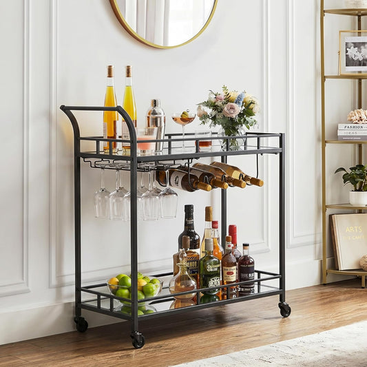 VASAGLE Bar Cart Black, Home Bar Serving Cart, Wine Cart with 2 Mirrored Shelves, Wine Holders, Glass Holders, for Kitchen, Dining Room, Black ULRC090B62