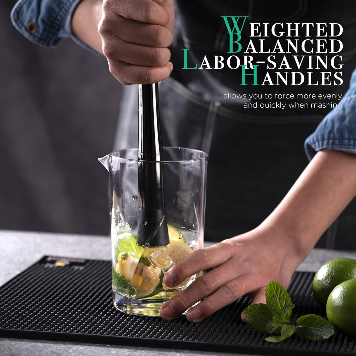 Homesetia Black Muddler for Cocktails - 10 Inch Professional Stainless Steel Muddler - Durable Cocktail Muddler Drink Smasher & Mojito Muddler - Wine Accessories Ideal Valentines Day Gifts for Him