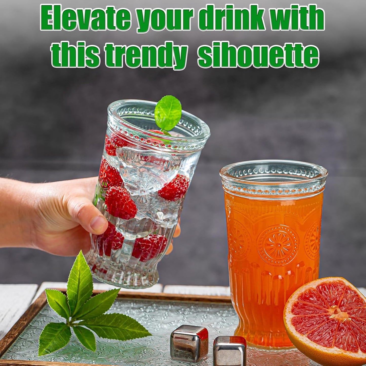 Drinking Glasses, 12 pcs Embossed Designed Highball Glasses, 16oz Glass Cups, Tall Water Tumbler, Ribbed Glassware Set, Mojito Cups, Cocktail Glass, Vintage Glassware Set