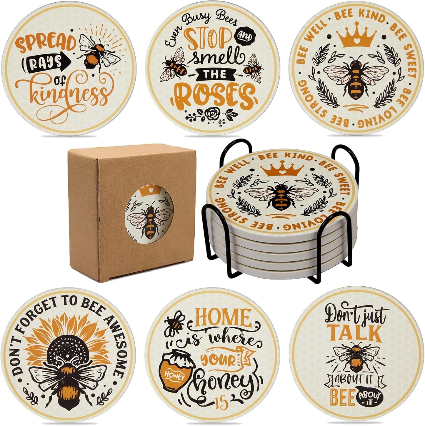House Warming Gift Coasters Set of 6,Drink Absorbent Coasters with Holder, Coffee Table Decor Ceramic Stone Coaster for New Home,Apartment Kitchen Bar Living Room (Bee-Honeycomb)