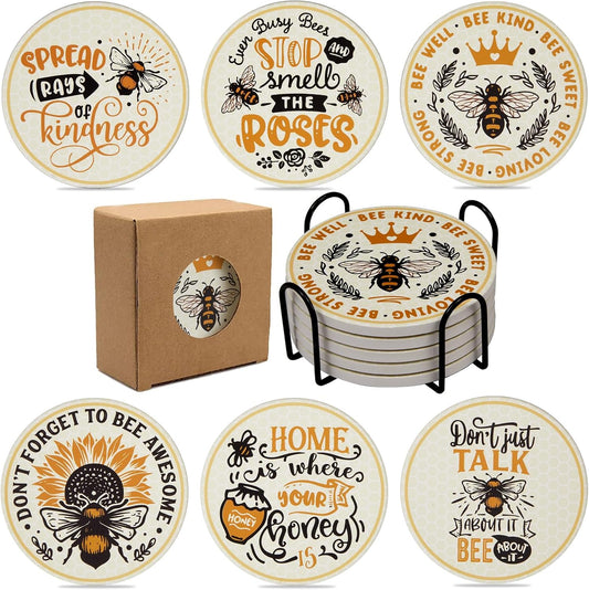 House Warming Gift Coasters Set of 6,Drink Absorbent Coasters with Holder, Coffee Table Decor Ceramic Stone Coaster for New Home,Apartment Kitchen Bar Living Room (Bee-Honeycomb)
