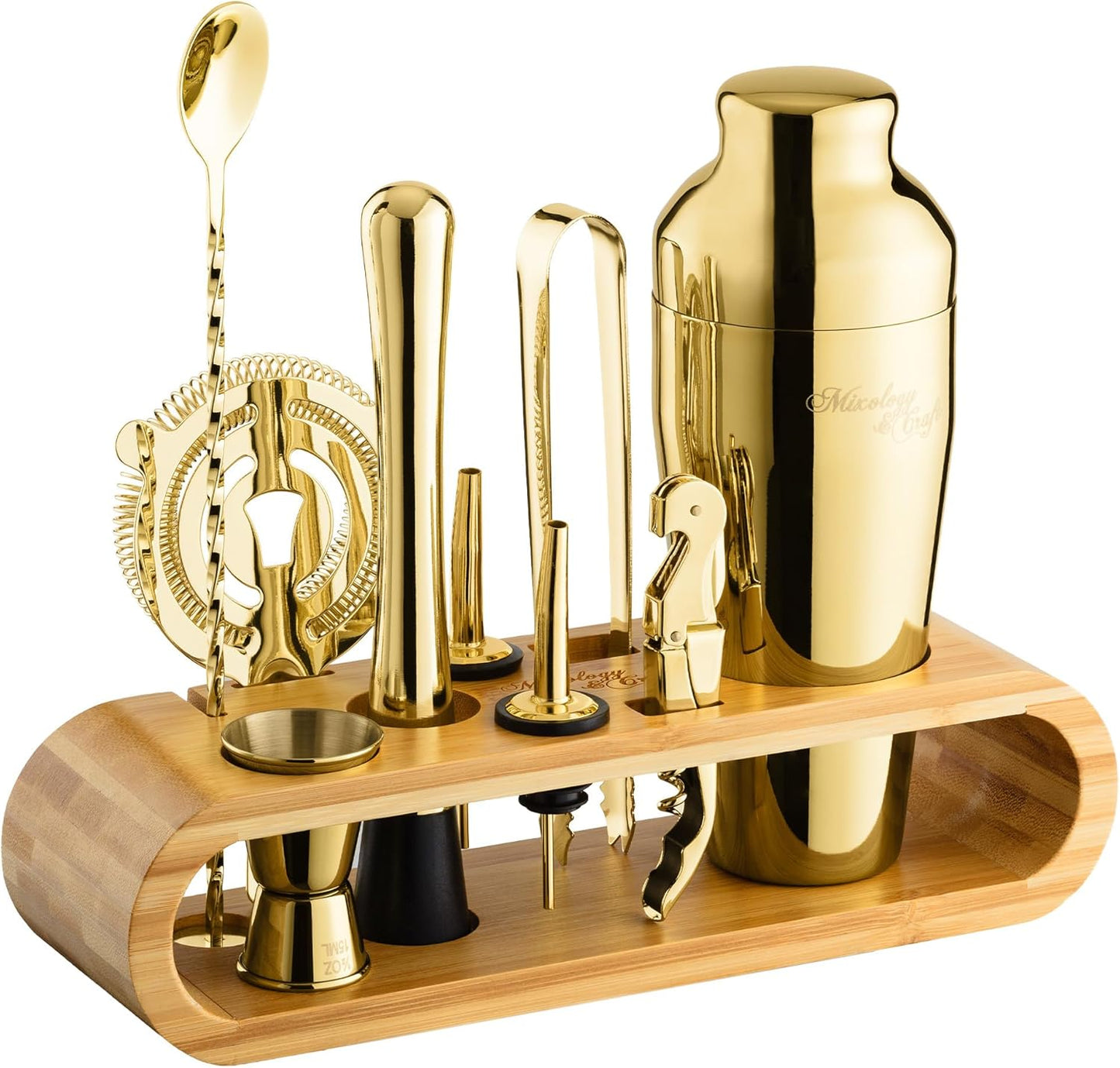 Mixology & Craft Cocktail Shaker Set with Bamboo Stand - Professional 18oz 10-Piece Bartender Kit, Complete Bar Set for Home Use with Jigger, Muddler, Strainer, Spoon, Pourers & Corkscrew (Gold)