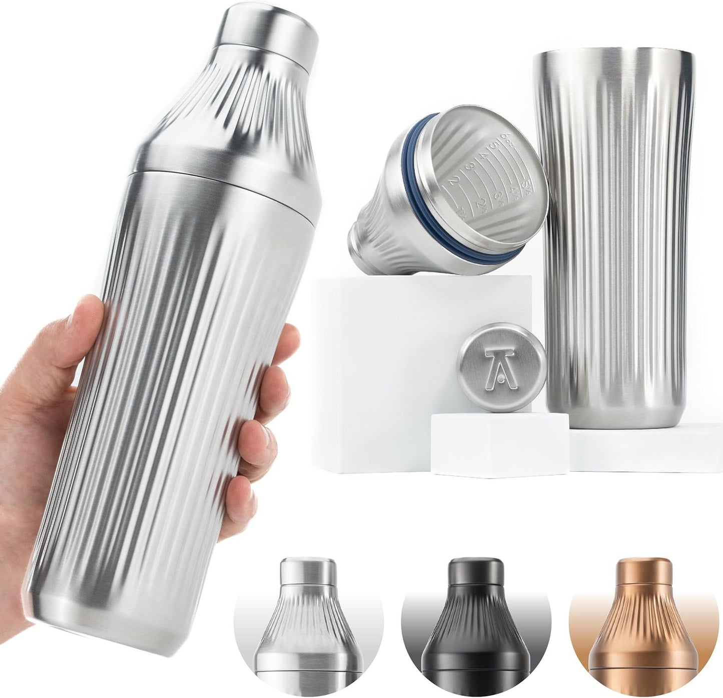Elevated Craft Diamond Edition Hybrid Cocktail Shaker Set - Premium Vacuum Insulated Stainless Steel, 28 oz, Includes Built-in Strainer, Precise Measuring Top & XL Polishing Cloth - Martini Shaker