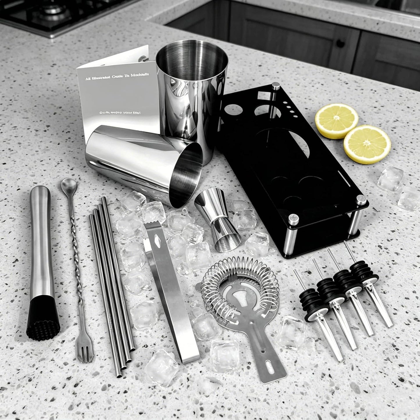 Professional Cocktail Shaker Set with Stand Cocktail Recipes, 15-Piece 750/600ml Bartender Kit, Bar Sets Bartending Kit Bar Tool Set 25/20oz Boston Shakers, Jigger, Muddler (Silver)