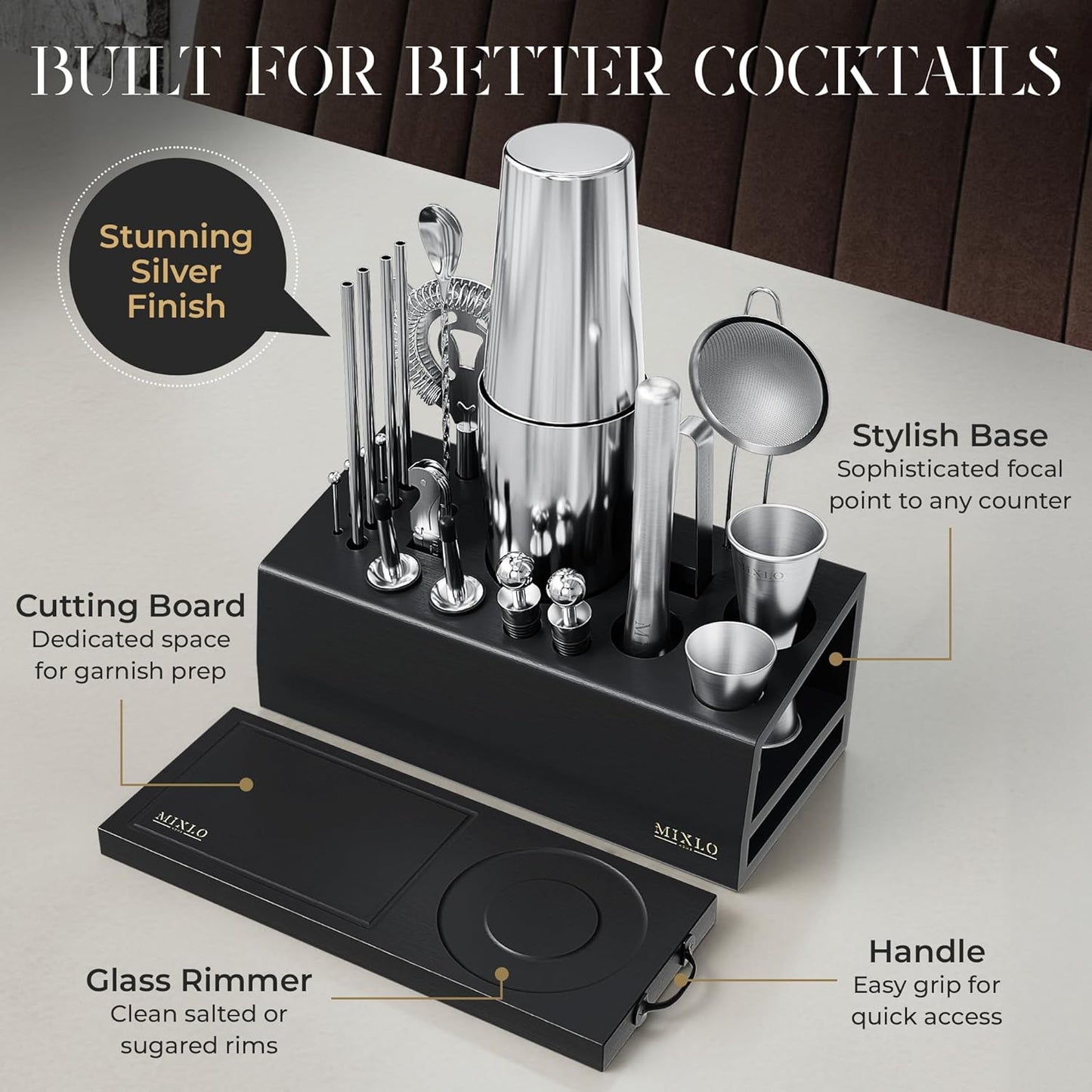 Mixology Bartender Kit - 22Pcs Bar Set Cocktail Shaker Set w Black Bar Cart Accessories Stand - Shakers Bartending Silver Tools, 24oz Shaker, 17 Recipe Cards, Martini Barware