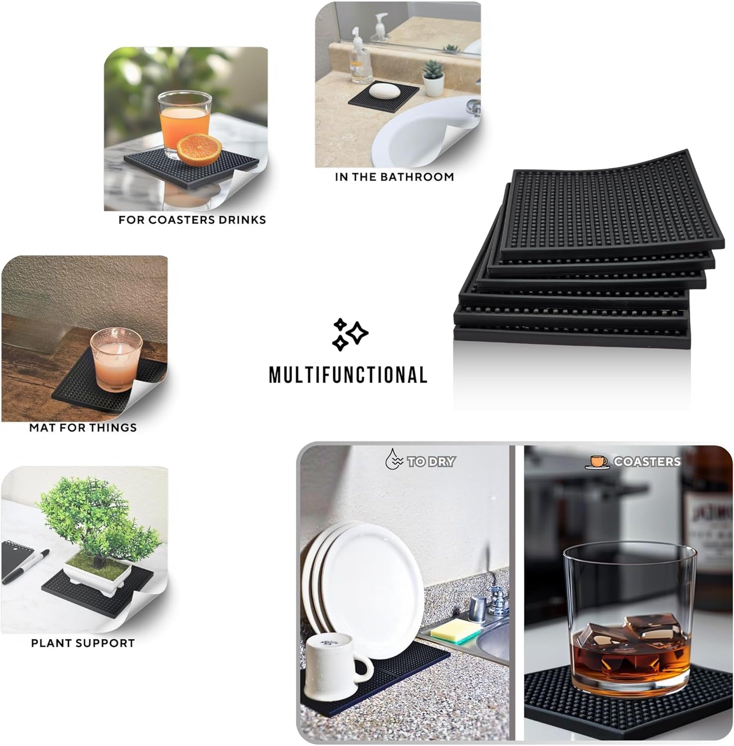 Silicone Coasters Set - 6 Pack - 6 Inch Square Drink Coasters for Coffee Table & Desk - Absorbent & Anti-Slip - Outdoor & Indoor Use