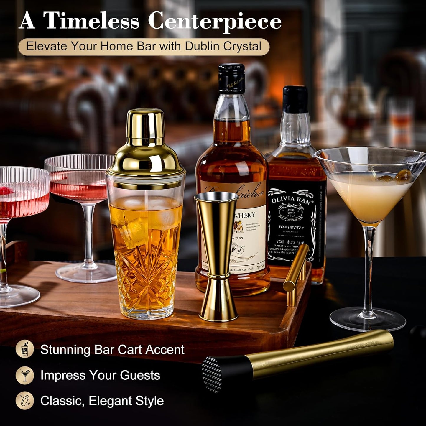 Glass Cocktail Shaker Set with Gold Lid,Cocktail Shaker Glass Kit with Built-in Strainer, Jigger, Bar Spoon & Muddler, Leakproof Glass Shaker for Home Bar, Cocktails, Martini, Gift(4-Piece)