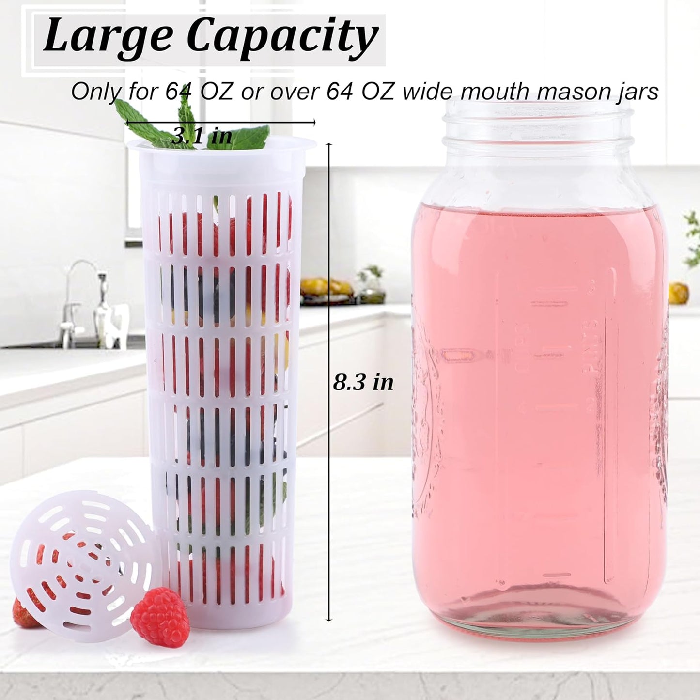 Mason Jar Infuser For 64 Oz Wide Mouth Mason Jug Water Pitcher Filter Food Grade Mesh Strainer For Fruit Infused Water, Iced Tea, Lemonade, Sun Tea, Mint Water, Cocktail, Cold Brew Coffee