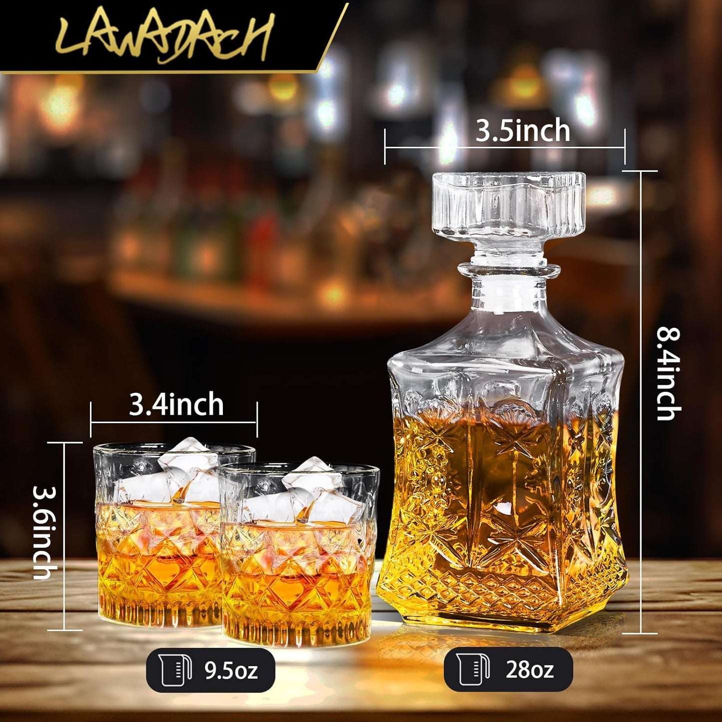 LAWADACH Whiskey Decanter for Men, Glass Liquor Decanter Set with 2 Whiskey Glasses, Decanter for Tequila,Bourbon, Scotch, Brandy and Vodka, Gift for Men, Ideal Home Bar Decor - 28oz