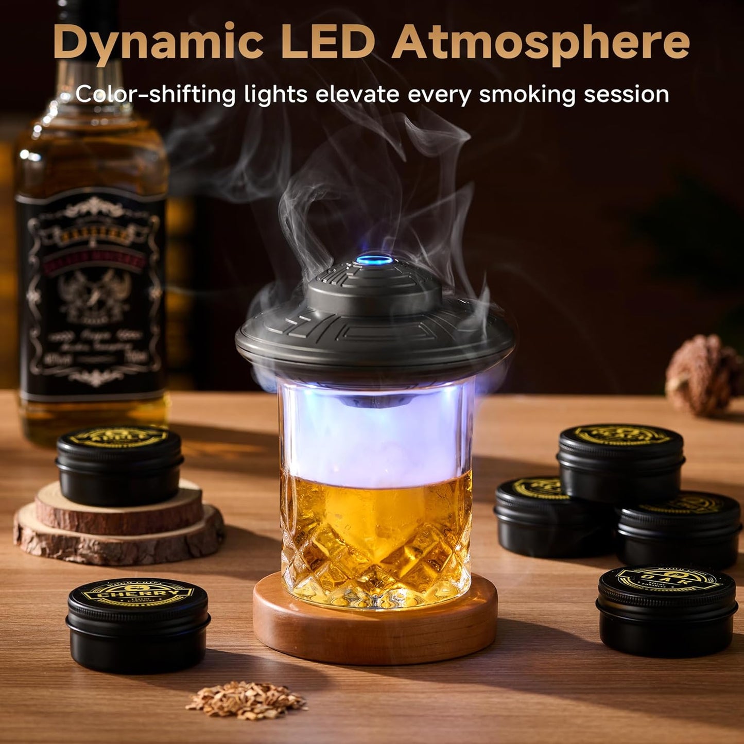 ComboJoy Electric Whiskey Smoker Kit with LED – 6 Flavors Wood Chips, Whiskey Glass & Ice Cube Mold – Rechargeable Cocktail Smoker, Old Fashioned Bourbon Gifts for Men, Dad, Husband -Grey