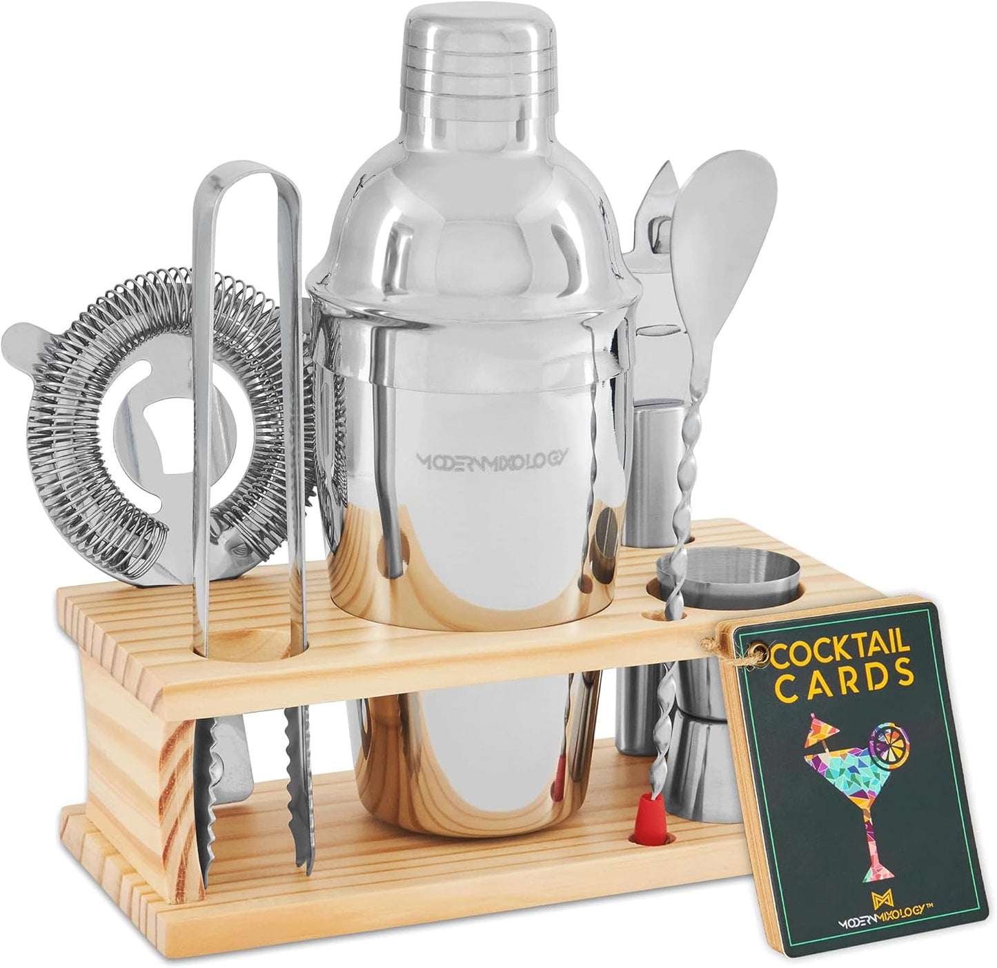 Modern Mixology Cocktail Shaker Set - Bartender Kit with Pine Stand | Leak-Proof Design | Includes Martini Shaker, Jigger, Strainer, Spoon, Tongs | Perfect Bar Tools Gift for Home Mixology (Silver)