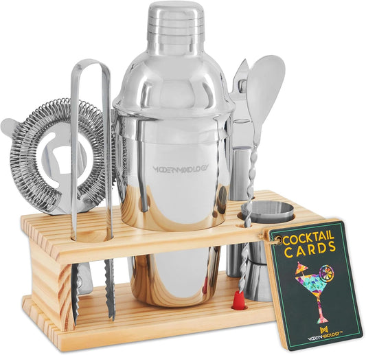Modern Mixology Pro-Graded Cocktail Shaker Set with Stand | Complete Bartender Kit | 24oz Martini Shaker, Jigger, Strainer, Bar Spoon, Tongs, Opener, Muddler, Home Bar Essentials - Silver / Light Stand / 8 Pieces