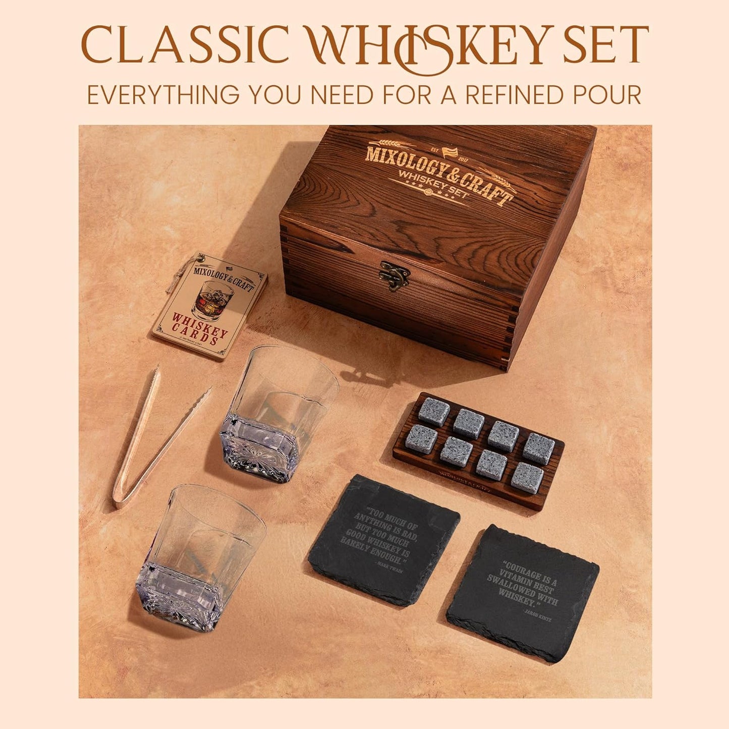 Mixology & Craft Whiskey Stones Gift Set – Includes Two 10oz Crystal Whiskey Glasses, 8 Granite Chilling Rocks, Slate Coasters, Metal Tongs, Cocktail Recipe Cards, Elegant Wooden Storage Box