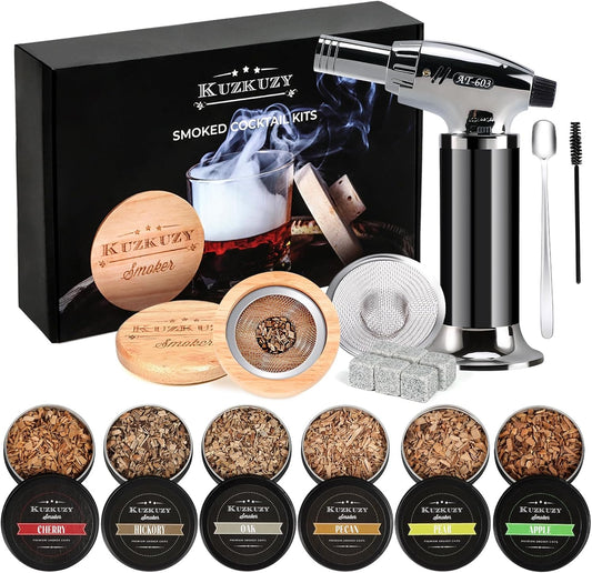 Cocktail Smoker Kit with Torch – 6 Flavors Wood Chips – Bourbon, Whiskey Smoker Infuser Kit, Old Fashioned Drink Smoker Kit, Birthday Bourbon Whiskey Gifts for Men, Dad, Husband (Without Butane) - With Torch