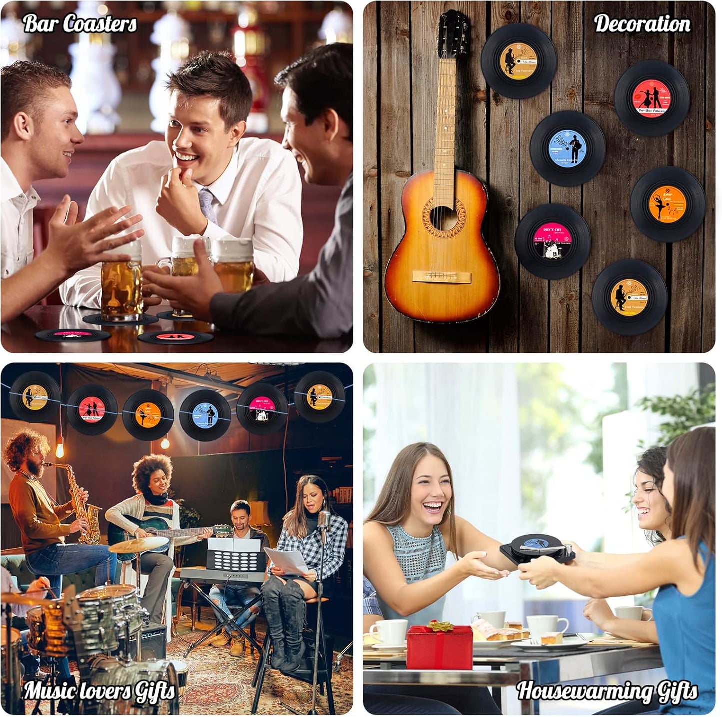Valdivia Funny Retro Vinyl Record Coasters with Player, 6 Pcs Music Coasters for Drinks, Bars, Party, Birthday Gifts for Music Lovers, Home Decor Housewarming and White Elephant Gifts Ideas