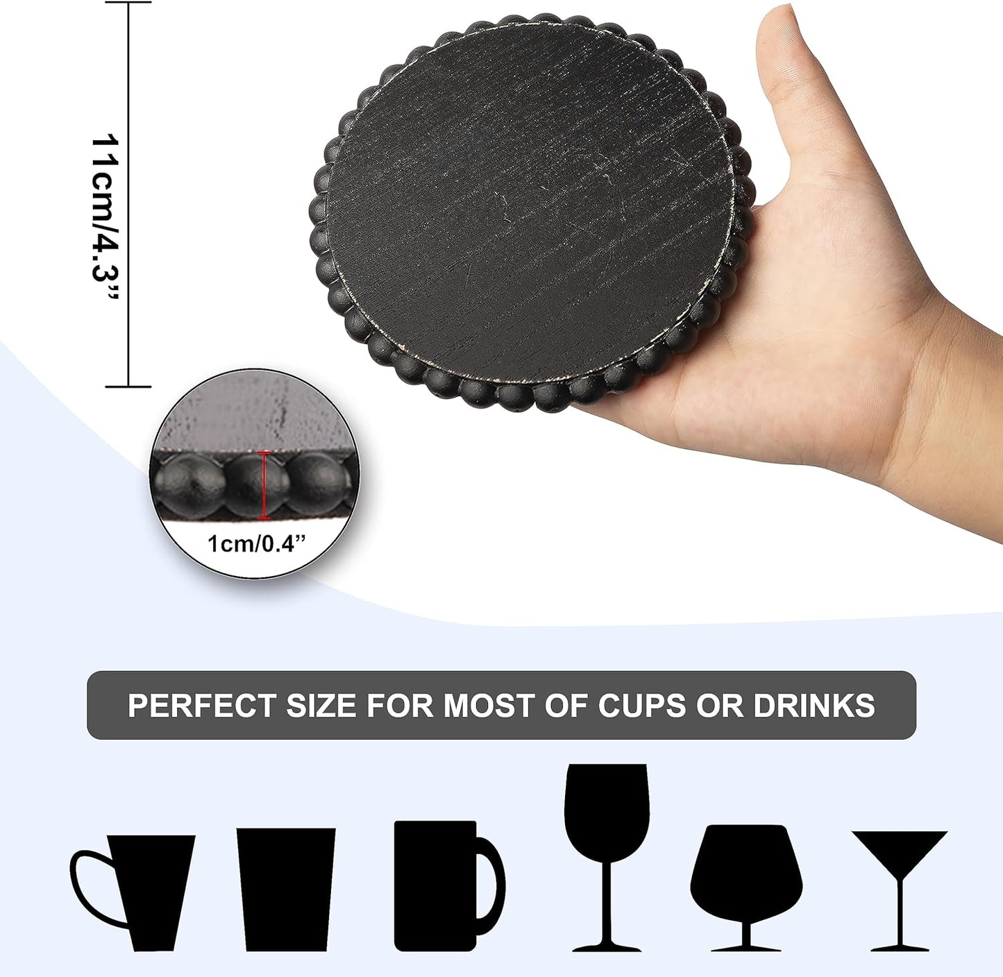 GENMOUS Coasters Set of 6 for Drinks with Metal Holder, Farmhouse Wooden Bead Coasters, Absorbent Square Handmade Rustic Cute Cup Coffee Coaster for Home Kitchen Table Décor Gift Black