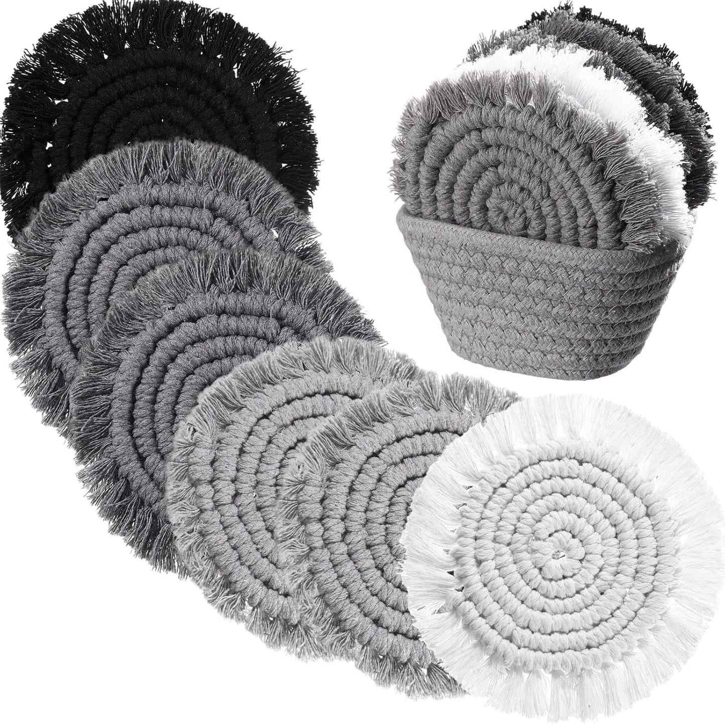 Coasters Set of 6 for Drinks Boho Absorbent Woven Cotton Coaster with Holder Farmhouse Tassel Macrame Cup Mat Housewarming Gift for Coffee Table Home Kitchen Office Decoration, 4 in(Gray)