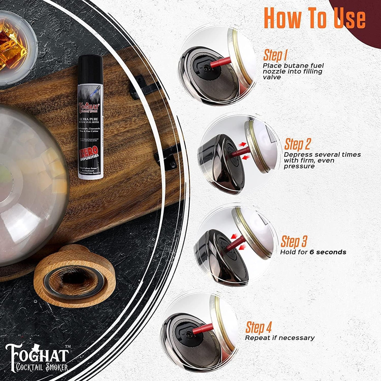 Foghat Culinary Butane Fuel Refill (60ml) Torch Lighter Butane Refill Canister - Fits All Kitchen Smoking Torches - Food Grade, Ultra Refined For Cocktail Smoker Kit, Creme Brulee Torch