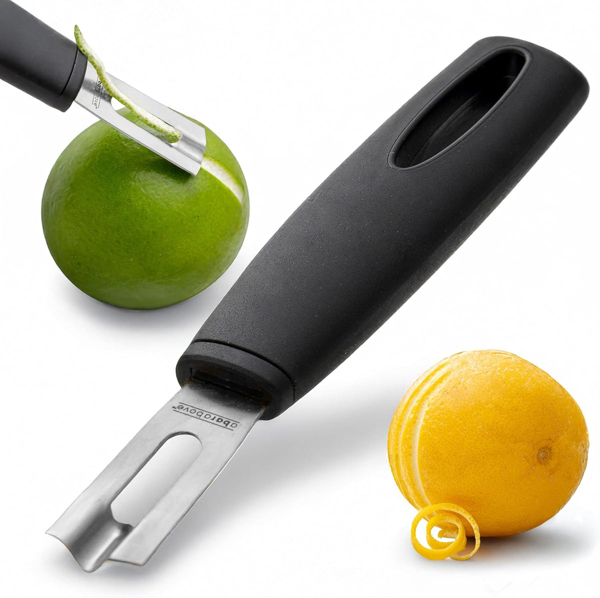 A Bar Above Channel Knife, Black Ergo Handle Gold Blade, Citrus Peeler - Black Handle Stainless Blade