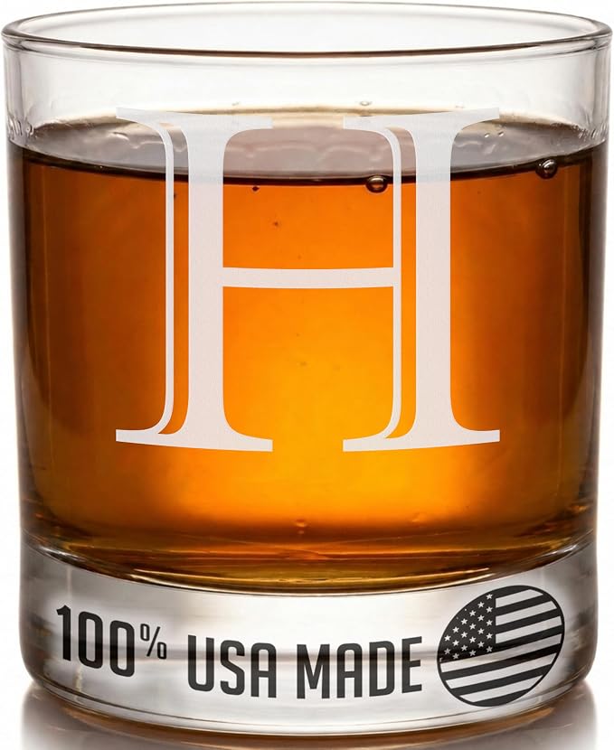 Etched Monogram 11oz Whiskey Rocks Glass (Letter J), A-Z Customized Bourbon Gifts for Men, Father’s Day, Personalized Old Fashioned Scotch Glass, Custom Engraved Gifts for Him, Initial, Name - Clear Etch H