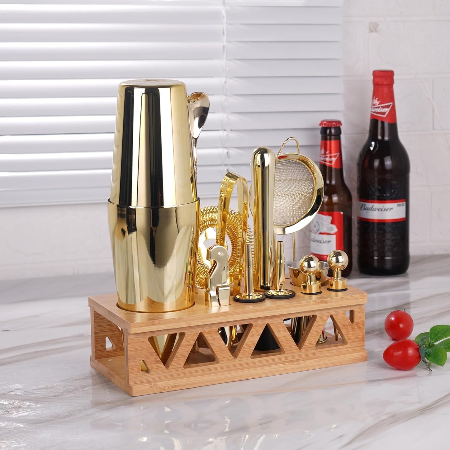 Cocktail Shaker Set, Boston Shaker Bartender Kit with Bamboo Stand,13 Piece Bar Set Stainless Steel Bar Accessories for Drink Mixing, Bar, Home, Party (Gold)